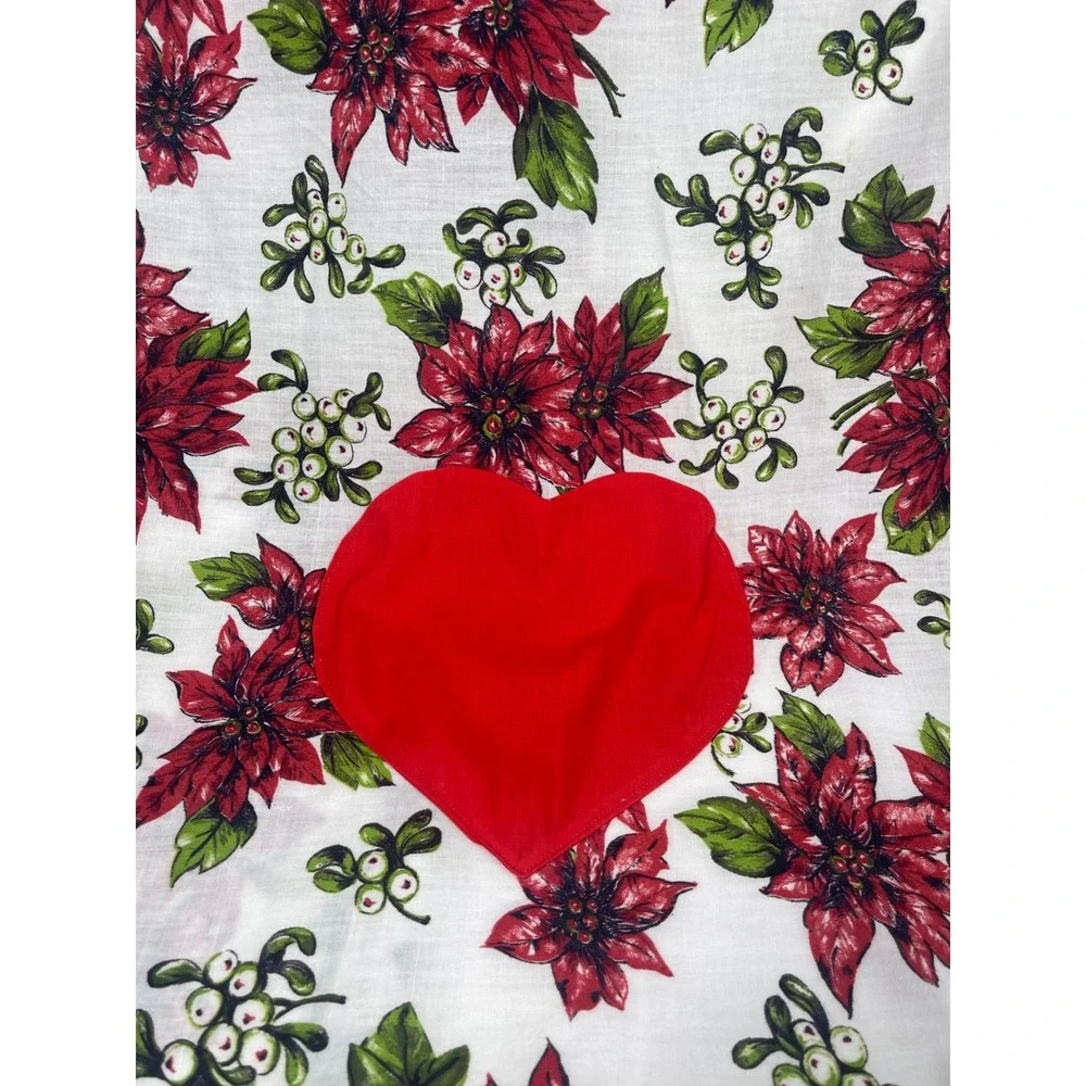 Vintage Handmade Poinsettia Heart Pocket Pinafore Apron White Red